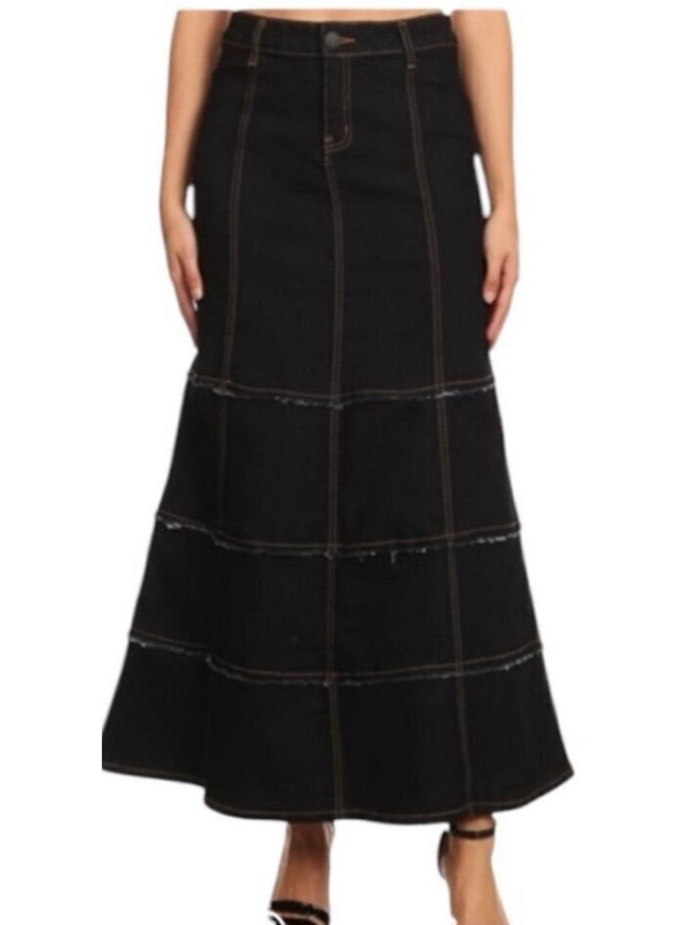 Tiered Dark Wash Frayed Midi Blue Jean Flared Skirt S M